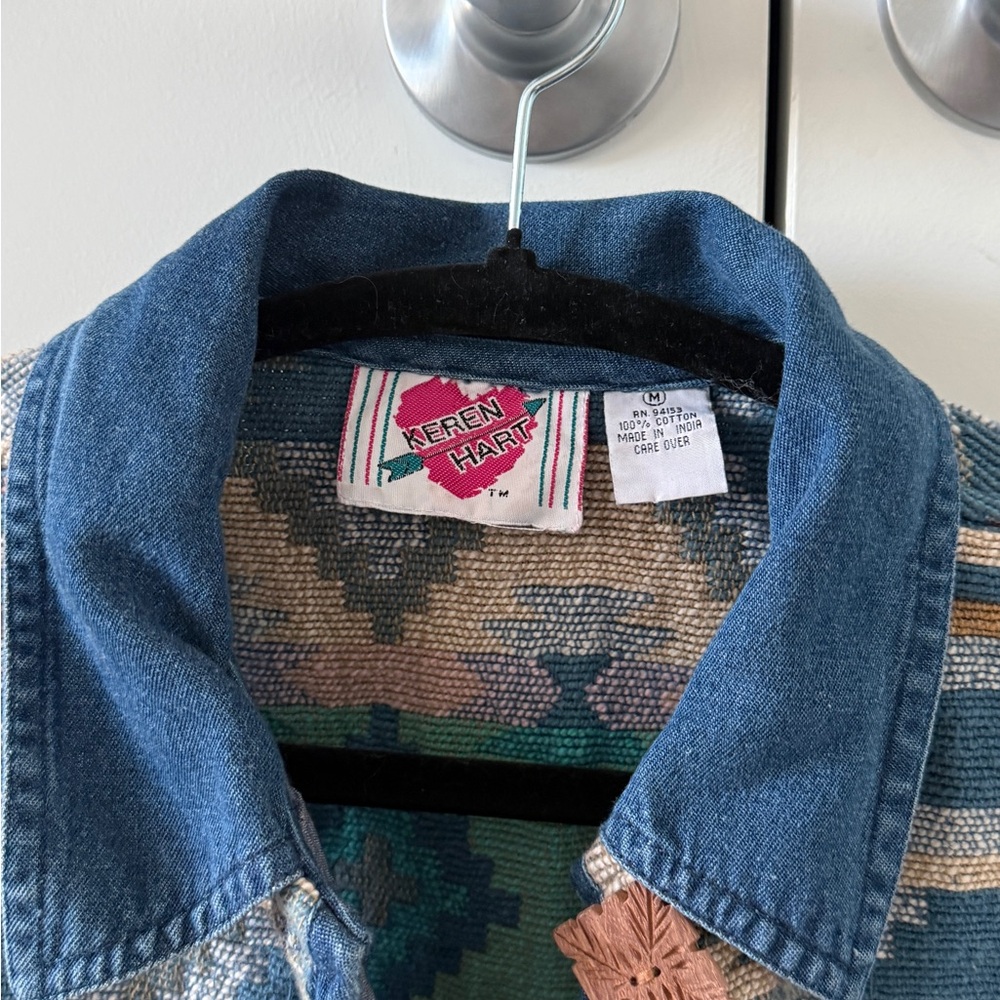 Southwestern Pattern Denim-Trim Kids Vest - Blue/Teal - Picture 3 of 6